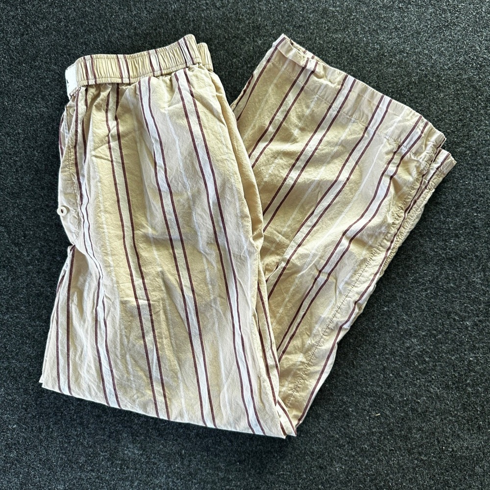 Anthropologie Striped Wide Leg Pajama Pants Tan Burgundy OB1926748 Womens M